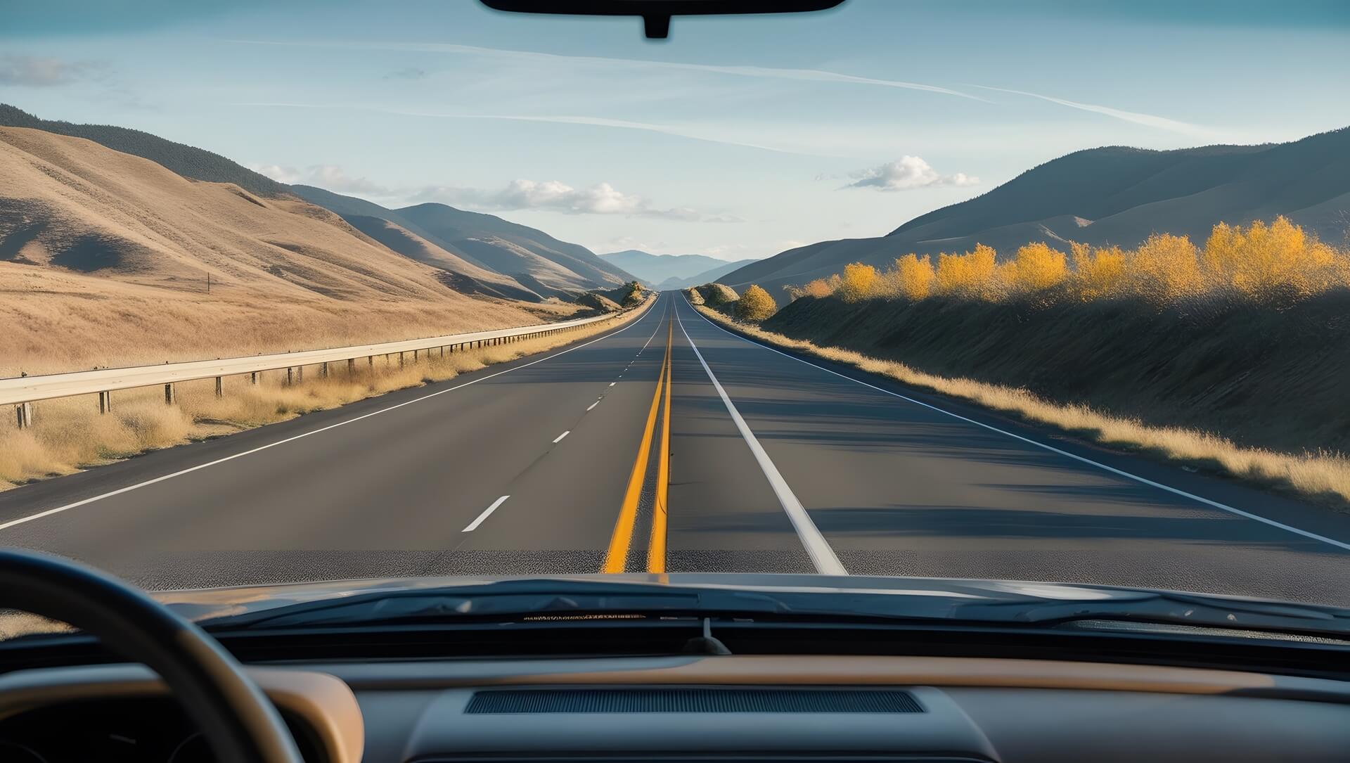 View from inside a semi-truck looking at the open road and nature, symbolizing the forward-thinking vision of AAA Freight Global.